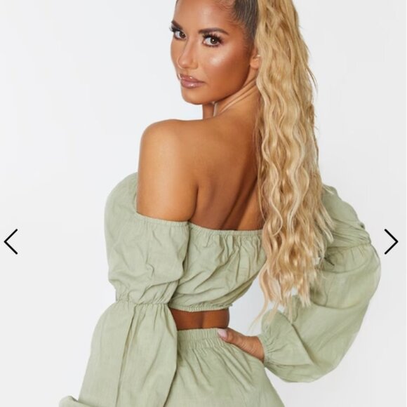 Green Linen Look Bardot Puff Sleeve Beach Top SZ 10 USA UK 14 - Picture 2 of 12